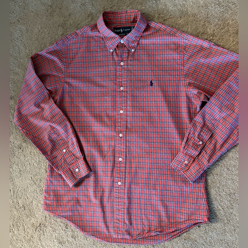 Ralph Lauren Red Check Button Down Custom Fit size Large Men’s